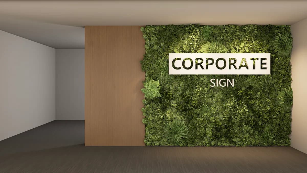 Commercial identity wall concept with a green feature wall and timber-look panel accent