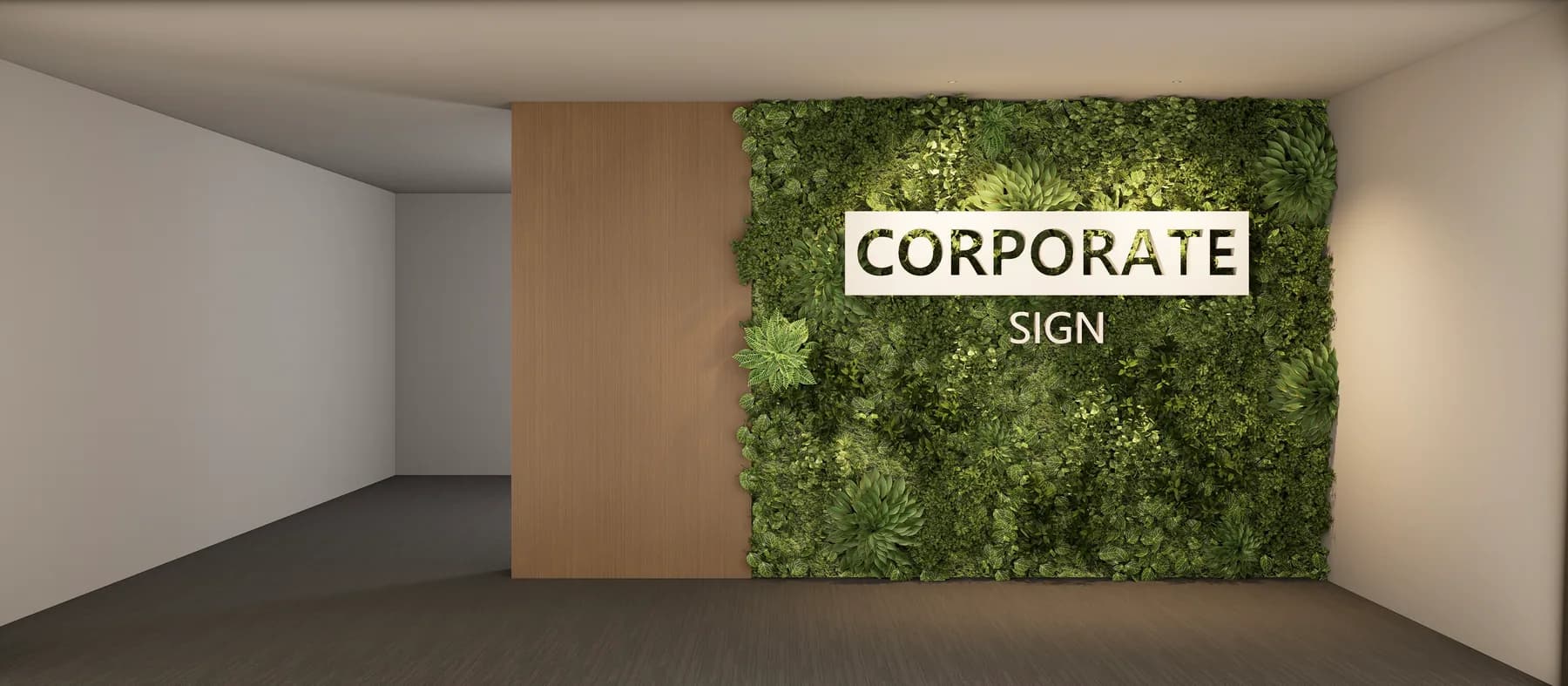 Commercial identity wall concept with a green feature wall and timber-look panel accent